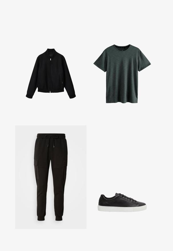 Sort bomberjakke med lynlås, ribbet krave, ærmekanter og kant forneden, med sidelommer og et minimalistisk design.; Mørkeblå T-shirt lavet af blødt, struktureret stof. Har en klassisk rund hals og korte ærmer med et subtilt mønster. Ingen synlige logoer.; Sorte sweatpants med elastisk talje og snor. Har cargo-lommer på siden og elastiske manchetter ved anklerne.; Sort lavtopet lædersneaker med sorte snørebånd og hvid gummisål, vist fra siden på hvid baggrund.