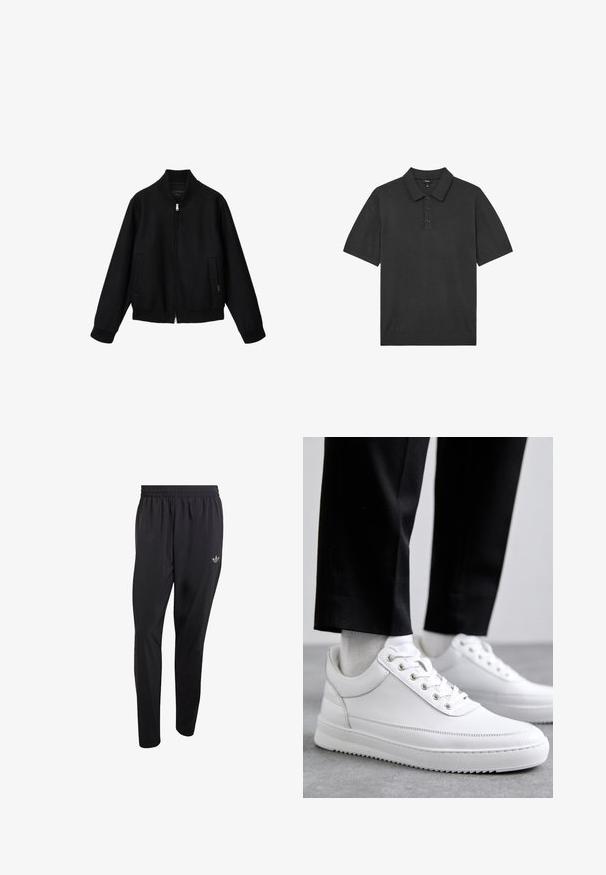 Sort bomberjakke med lynlås, ribbet krave, ærmekanter og kant forneden, med sidelommer og et minimalistisk design.; Sort kortærmet polo-shirt med tre-knaps placket og strikket krave, vist fladt på en hvid baggrund.; Sorte atletikbukser lavet af letvægtsmateriale med elastisk taljebånd og et lille præget logo på det øverste venstre benområde.; Hvide lædersneakers med en flad gummisål, der har en glat overflade, rund tå og metaløjer til snørebånd. Bæret med sorte bukser.