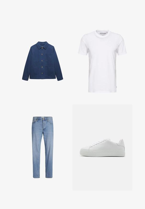 Marineblauwe jas met knopen, lange mouwen, een kraag en drie opgestikte zakken aan de voorkant, afgebeeld op een witte achtergrond.; Witte korte mouwen t-shirt van katoen, met een ronde hals en een eenvoudig ontwerp. Merktag zichtbaar op het nekgebied. Geen patronen of accenten.; Lichtblauwe denim jeans met een rechte snit, standaard vijf-pocketontwerp en zichtbare stiksels. Geen onderscheidende patronen of accenten.; Witte leren sneaker met een chunky platformzool, ronde neus en zes veterogen. Gladde textuur met subtiele stiksels.