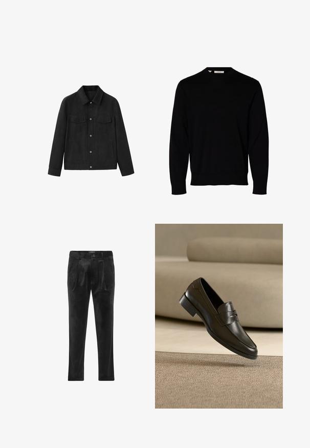 Chaqueta negra de manga larga con cuello, botones a presión delanteros, dos bolsillos con solapa en el pecho y dos bolsillos laterales, mostrada sobre fondo blanco.; Jersey negro liso de manga larga con cuello redondo, puños y dobladillo acanalados, mostrado sobre un fondo blanco.; Pantalones de terciopelo negro con pliegues frontales, cierre de botón, presillas para cinturón y bolsillos laterales, exhibidos planos sobre un fondo blanco.; Zapato mocasín de cuero negro flotando sobre una alfombra beige con un sofá beige en el fondo, mostrando el diseño clásico para hombres sin cordones.