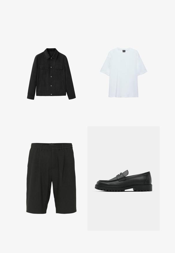 Schwarze langärmelige Jacke mit Kragen, vorderen Druckknöpfen, zwei Brustklappentaschen und zwei Seitentaschen, dargestellt auf weißem Hintergrund.; Schlichtes, weißes, übergroßes T-Shirt mit kurzen Ärmeln, rundem Ausschnitt und einem schwarzen Etikett innen am Kragen vor weißem Hintergrund.; Schwarze Shorts aus strukturiertem Stoff, mit lockerer Passform, Falten und einem elastischen Bund für zusätzlichen Komfort.; Schwarze Lederloafer mit runder Zehenform, ausgestattet mit einem gesteppten Design, niedrigem Plattformsohle und einer strukturierten, genoppten Gummisohle.