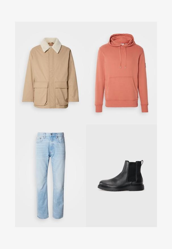 Béžová zimná bunda s bielym fleece golierom, predné vrecká na klopu, dlhé rukávy a logo Calvin Klein na dolnom pravom vrecku.; Ružová mikina s kapucňou na šnúrku, klokankou, rebrovanými manžetami a lemom. Vyrobená z mäkkej tkaniny s hladkým povrchom.; Svetlomodré džínsy s rovnými nohavicami, s vybledlými časťami, dizajnom s piatimi vreckami a klasickým zapínaním na gombíky.; Čierne kožené chelsea čižmy s textúrovaným povrchom, elastickými bočnými panelmi a pevným gumovým podpätkom. Diskrétny branding na päte.