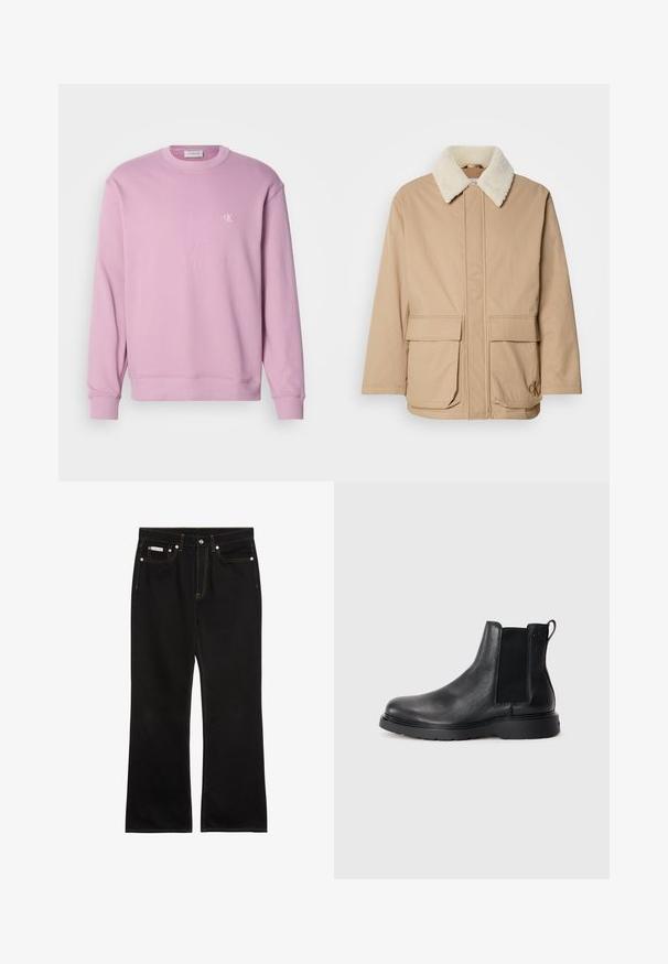 Beige winterjack met een witte fleece kraag, voorzakken met klep, lange mouwen en het Calvin Klein-logo op de rechteronderzak.; Roze sweatshirt met ronde hals en geribbelde boorden, met een klein wit logo op de borst. Gemaakt van zachte katoen.; Zwarte jeans met rechte pijpen, oranje stiksels, vijf zakken, knoopsluiting en een klein Calvin Klein-label op de voorste rechterzak.; Zwarte leren Chelsea boots met een gestructureerde afwerking, elastische zijpanelen en een stevige rubberen zool. Subtiele branding op de hiel.