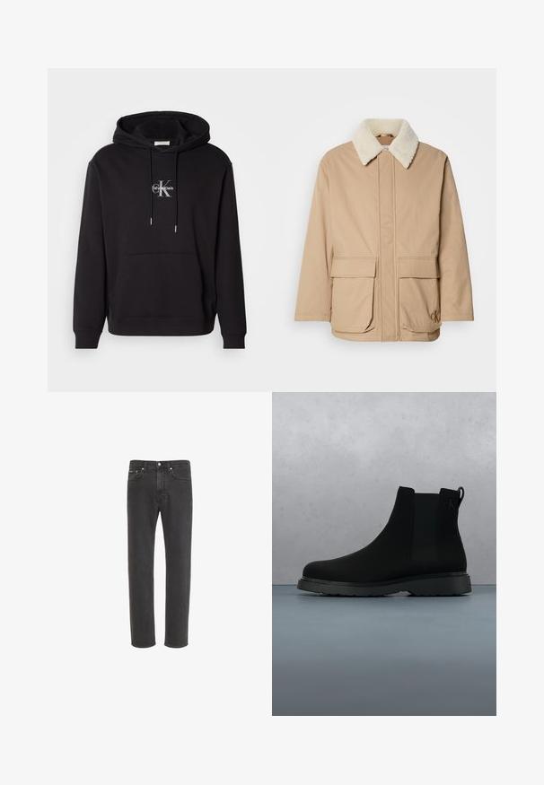 Chaqueta de invierno beige con cuello de forro polar blanco, bolsillos frontales con solapa, mangas largas y logo de Calvin Klein en el bolsillo inferior derecho.; Sudadera de algodón negra con capucha ajustable, bolsillo canguro y un logo plateado con "Calvin Klein" y "CK" en el pecho.; Vaqueros negros de corte recto con cierre delantero de botón y cremallera, bolsillos delanteros y traseros, mostrados sobre fondo blanco.; Botín negro de tobillo, hecho de material suave con costuras sutiles, suela de goma y un diseño elegante, posicionado sobre una superficie con textura de madera.