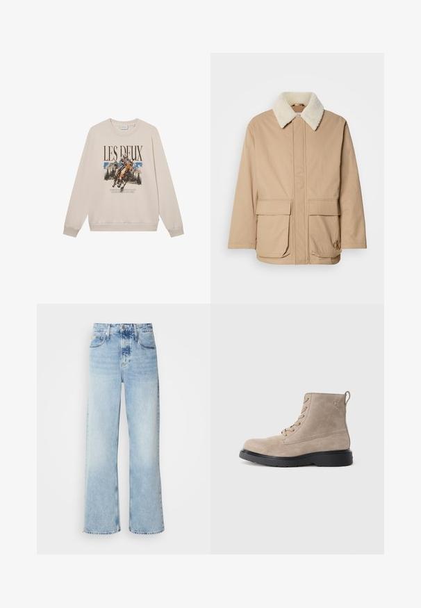 Veste d'hiver beige avec un col en polaire blanc, poches à rabat à l'avant, manches longues et logo Calvin Klein sur la poche inférieure droite.; Sweatshirt beige à manches longues, encolure ronde et motif à l'avant représentant un cavalier et des montagnes. Matière douce, coupe décontractée.; Jean large bleu clair à taille haute, avec une finition délavée, des passants de ceinture et un design classique à cinq poches. L'ourlet est brut.; Bottines en daim beige avec semelle en caoutchouc noir, design à lacets, et un petit logo embossé sur le côté, avec une languette à l'arrière.