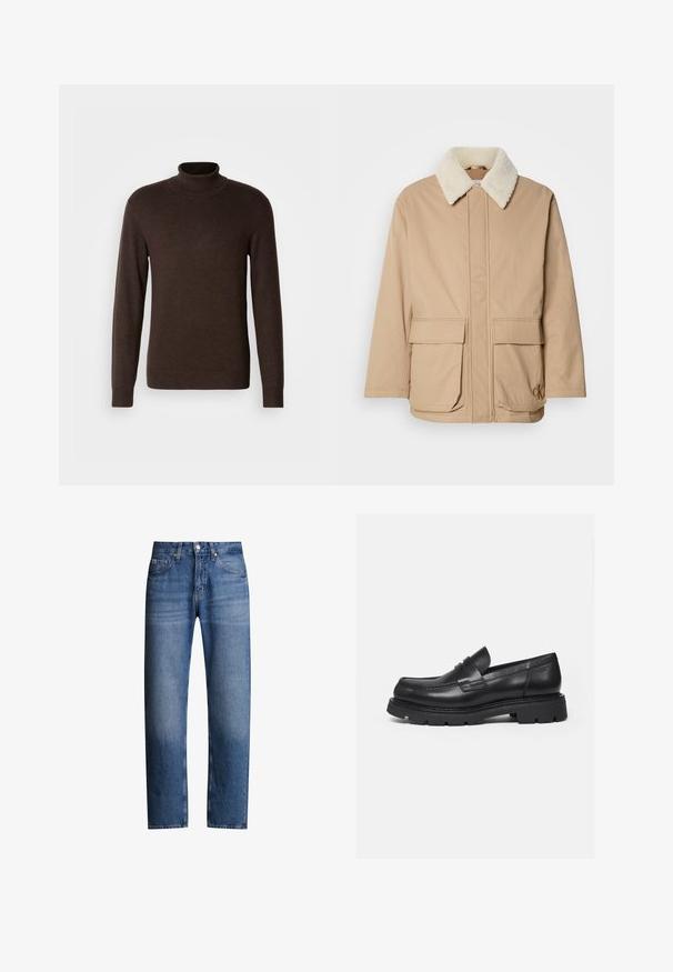 Beige winterjack met een witte fleece kraag, voorzakken met klep, lange mouwen en het Calvin Klein-logo op de rechteronderzak.; Bruine coltrui van zacht materiaal, met lange mouwen en een ribgebreide kraag. Glad oppervlak met een aansluitend ontwerp.; Blauwe denim jeans met een rechte pasvorm, vijf zakken en een rits. Heeft een lichte vervaging en stiksel langs de naden.; Zwarte leren loafer met dikke geribbelde zool en pennyriemdetail, getoond in rechter zijprofiel op witte achtergrond.