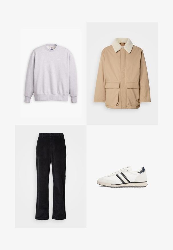 Beige vinterjakke med hvid fleecekrave, frontlomme, lange ærmer og Calvin Klein-logo på den nederste højre lomme.; Grå sweatshirts med rund halsudskæring, lange ærmer, ribbede manchetter og kant. Har et lille "Levi's" logo i lysegul på forsiden.; Fløjlsbukser i mørk sort med et lige ben-design, der har knaplukning, bæltestropper og sidelommer til funktionel brug.; Hvid atletisk sko med sorte og cremefarvede striber, glat læderoverdel, gummisål og tekstureret hælaccent. Snørebånd og logo på siden.