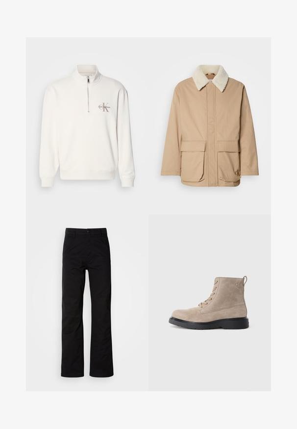 Béžová zimná bunda s bielym fleece golierom, predné vrecká na klopu, dlhé rukávy a logo Calvin Klein na dolnom pravom vrecku.; Biely pulóver s polovičným zipsom na golieri, s logom v sivej farbe na ľavej hrudi a rebrovanými manžetami a lemom. Mäkká textúra materiálu.; Čierne bavlnené nohavice s rovnými nohavicami, s gombíkovým zapínaním a pútkami na opasok. Hladká textúra a minimalistický štýl bez viditeľných vzorov.; Béžové semišové členkové topánky s čiernou gumovou podrážkou, zaviazaním, malým embosovaným logom na boku a so stahovacím pásikom na zadnej strane.