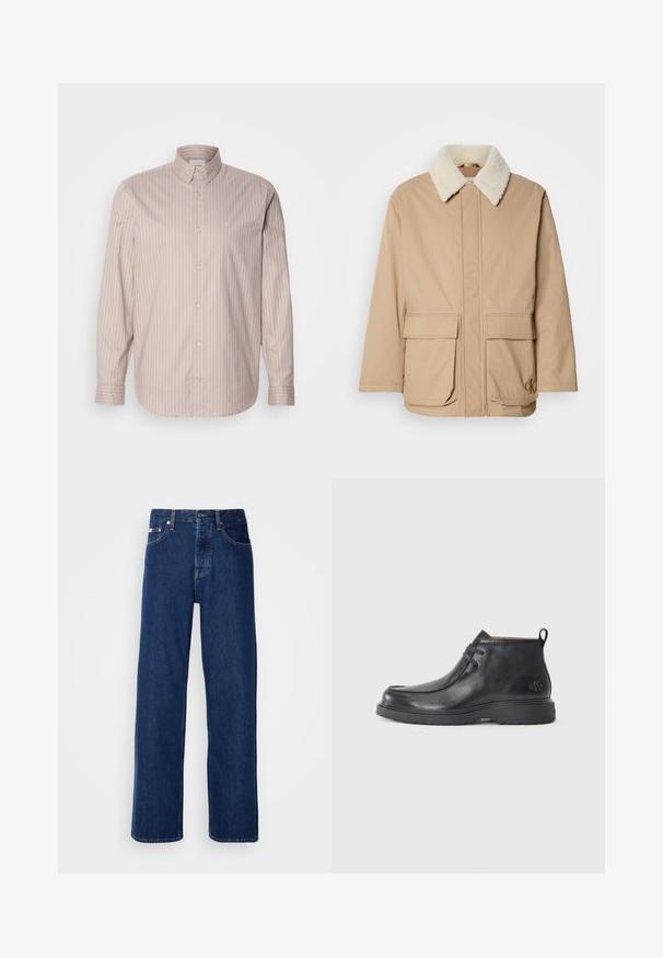 Beige vinterjakke med hvid fleecekrave, frontlomme, lange ærmer og Calvin Klein-logo på den nederste højre lomme.; Beige langærmet skjorte med knaplukning og hvide lodrette striber, spids krave og et lille broderet logo på brystet.; Mørkeblå denimjeans med et bredt ben-design, der har en knaplukning og klassisk fem-lomme styling. Stoffet har en glat tekstur.; Sorte læder ankelstøvler med rund tå, snørelukning og en løkke bagpå. Tekstureret overdel og gummisål.