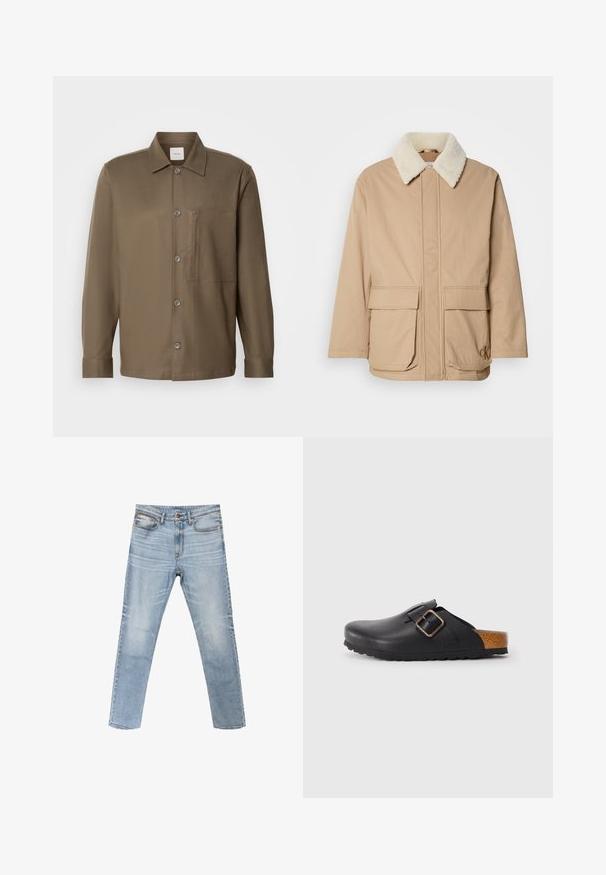 Valkoinen fleece-kaulus ja etutaskut, pitkät hihat sekä Calvin Kleinin logo oikeassa alakulmassa. Beigen värinen talvitakki.; Ruskea nappipaitapusero, jossa on kaulus, pitkät hihat, rintatasku ja sileä pinta. Edessä on harmaita nappeja.; Vaaleansiniset skinny-farkut, joissa viisi taskua, napillinen kiinnitys, haalistunut pesu ja pieni Calvin Klein -logotunniste oikeassa etutaskussa.; Musta nahkakengät, joissa on teksturoitu pinta, varustettuna yhdellä säädettävällä hihnalla, jossa on kultainen solki, ja korkkiyksityiskohdalla kantapäällä.