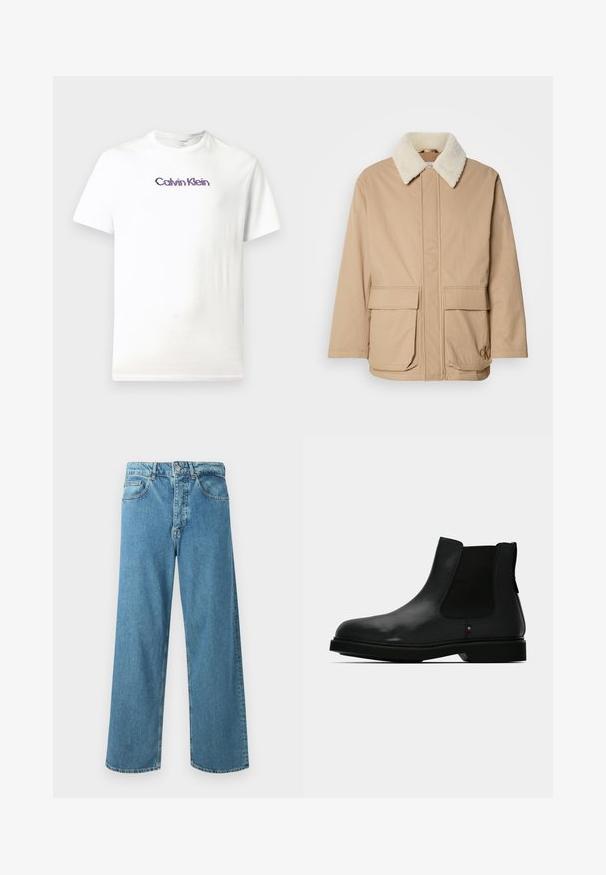 Béžová zimná bunda s bielym fleece golierom, predné vrecká na klopu, dlhé rukávy a logo Calvin Klein na dolnom pravom vrecku.; Biely bavlnený tričko s okrúhlym výstrihom, krátkymi rukávmi a fialovým logom "Calvin Klein" potlačeným na hrudi.; Svetlomodré džíny s širokými nohavicami z denimu, s vysokým pásom, prednými vreckami a klasickým zapínaním na gombíky a zips.; Čierna kožená Chelsea čižma s elastickými bočnými panelmi, okrúhlou špičkou a textúrovaným zvrškom. Vyznačuje sa plochou gumovou podrážkou a nenápadným značkovým detailom.