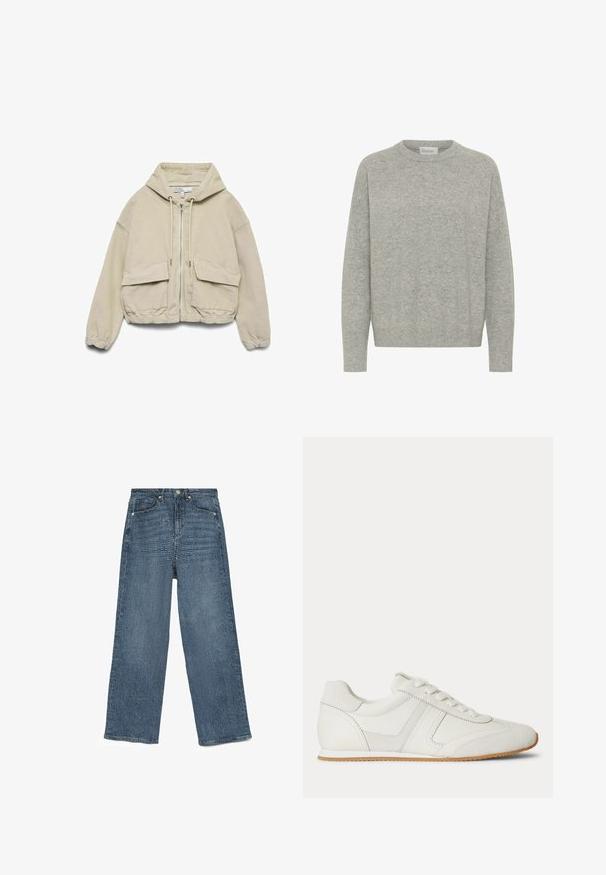 Vero Moda VMALIX Corduroy - Suvejakk - oatmeal; Helehall halli pikeega kampsun, mis on valmistatud pehmest ja tekstureeritud kangast. Omab pikki varrukaid ning soonikkoes mansette ja ääri, mis tagavad mugava ja lõdvestunud istuvuse.; Sinine teksariie laiad püksid tekstuuriga mustriga, viie tasku disainiga, metallnuppude sulgemisega ja õmbluste ääred, näidates mugavat istuvust.; Valge madala säärega toss esikäepäradega, seemisnahast ja nahast paneelidega ning helepruuni kummipõhjaga, valgel taustal.