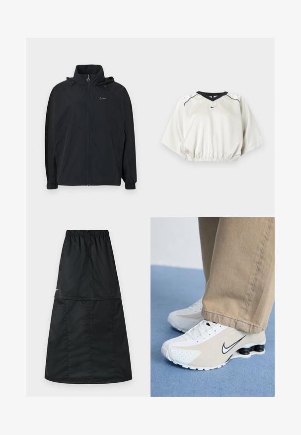 Sort hættejakke med lynlåslukning, med elastiske manchetter og en lille logoaccent på brystet. Fremstillet af let, tekstureret stof.; Hvid kort sportstop med sort V-hals kant, elastisk talje, korte brede ærmer og lille sort Nike-logo foran i midten.; Sort atletisk nederdel lavet af let, glat nylonstof. Har elastisk taljebånd og et enkelt, langt, A-formet design.; Hvide og beige Nike sneakers med perforeret design, sort swoosh-logo, tekstureret overdel og en karakteristisk fjederlignende sort hæl.