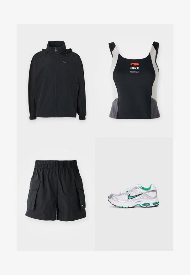 Chaqueta negra con capucha y cierre de cremallera, con puños elásticos y un pequeño logo en el pecho. Confeccionada con una tela ligera y texturizada.; Camiseta deportiva negra y gris con escote redondo, tirantes estrechos y un logotipo de Nike naranja en el centro impreso en la parte delantera.; Pantalones cortos cargo negros hechos de tejido ligero, con una cintura elástica, dos bolsillos laterales y un pequeño logo blanco en el dobladillo.; Zapatilla de running Nike en blanco, plata y verde. Presenta materiales de malla y sintéticos, cuello acolchado y suela acolchada con unidades de aire visibles.