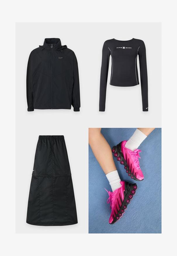 Sort hættejakke med lynlåslukning, med elastiske manchetter og en lille logoaccent på brystet. Fremstillet af let, tekstureret stof.; Sort atletisk langærmet top med rund halsudskæring, tætsiddende pasform, hvide kontrastsømme og "NIKE SHOX" logo i midten.; Sort atletisk nederdel lavet af let, glat nylonstof. Har elastisk taljebånd og et enkelt, langt, A-formet design.; Lyserøde træningssko med sorte accenter, gennemsigtig boblesål, mesh-overdel og snørebånd. Båret med hvide ankelsokker på en blå overflade.