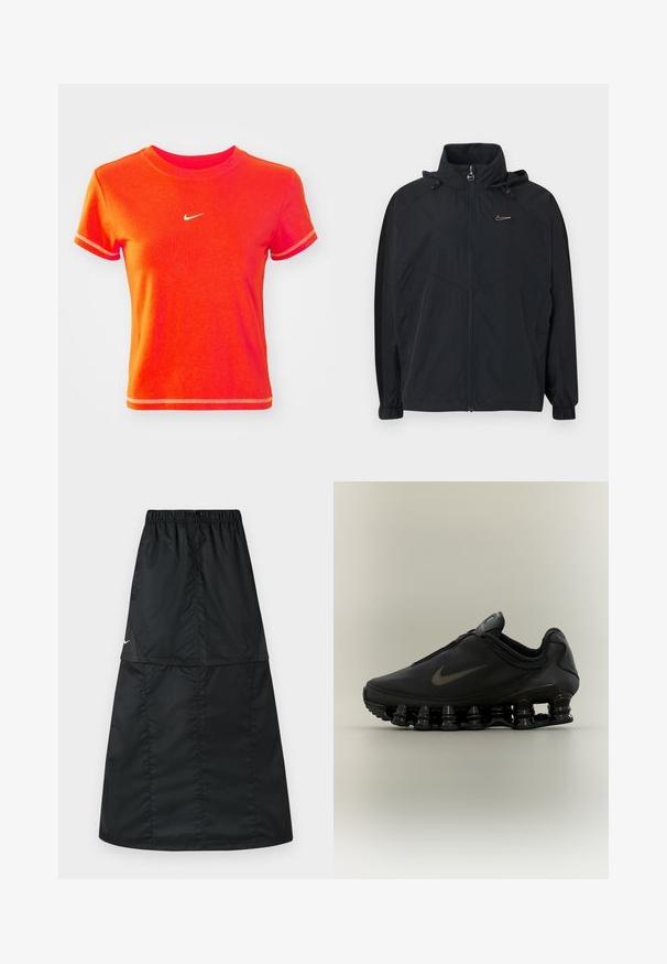 Sort hættejakke med lynlåslukning, med elastiske manchetter og en lille logoaccent på brystet. Fremstillet af let, tekstureret stof.; Rød cropped T-shirt lavet af bomuld, med en ribbet crew neck og korte ærmer. Viser et lille hvidt Nike-logo på fronten.; Sort atletisk nederdel lavet af let, glat nylonstof. Har elastisk taljebånd og et enkelt, langt, A-formet design.; Sort Nike-sneaker med lynlåsfunktion øverst og karakteristisk fjederlignende opdelt sål, vist i sideprofil mod en neutral baggrund.
