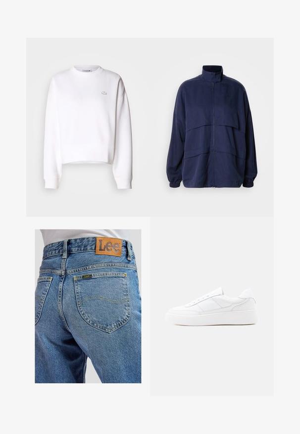 Navyblauwe jas van lichtgewicht stof, met een hoge kraag, ritssluiting en horizontale naaddetails. Elastische manchetten en onderkant.; Witte cropped sweatshirt, van een katoenmix, met een ronde hals, lange mouwen, ribgebreide manchetten, featuring een klein Lacoste-logo op de borst.; Blauwe spijkerbroek met achterzakken met gele stiksels en een bruin leren Lee-merkpatch op de tailleband.; Witte lage sneaker met dikke zool, veterontwerp en subtiele stikselaccenten op een effen lichte achtergrond.