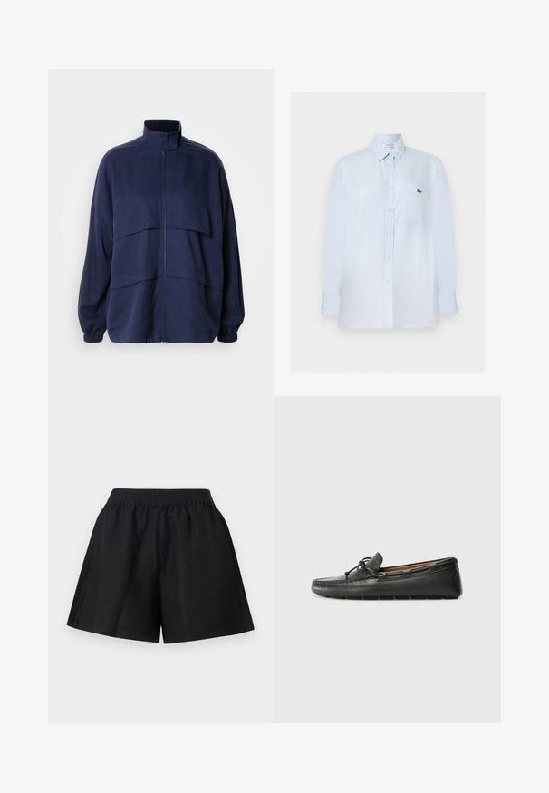 Veste bleu marine en tissu léger, dotée d'un col montant, d'une fermeture éclair et de détails de coutures horizontales. Poignets et ourlet élastiques.; Chemise bleu clair à manches longues avec boutons, poche poitrine et petit logo crocodile vert sur la poche.; Shorts noirs à taille élastique avec jambes larges et design minimaliste sur fond gris clair.; Bateau en cuir noir avec un bout arrondi, des détails de couture, un petit accent en nœud et une semelle en caoutchouc. Texture lisse et design épuré.