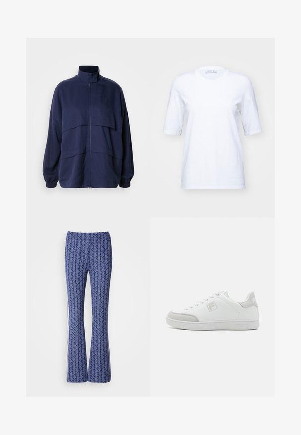 Navyblauwe jas van lichtgewicht stof, met een hoge kraag, ritssluiting en horizontale naaddetails. Elastische manchetten en onderkant.; Witte katoenen T-shirt met korte mouwen, ronde halslijn en een subtiele geborduurde logo op de borst. Vlotte textuur, klassieke pasvorm.; Blauwe, gepatineerde broek met een geometrisch ontwerp, elastische tailleband en witte strepen aan de zijkanten. Glad oppervlak overal.; Witte sneaker met een glad leren bovenwerk en grijze suède accenten. Rond neu, platte rubberen zool, en merklogo op de zijkant en hiel.