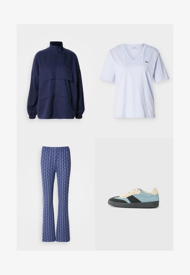 Veste bleu marine en tissu léger, dotée d'un col montant, d'une fermeture éclair et de détails de coutures horizontales. Poignets et ourlet élastiques.; Chemise bleu clair à col en V et manches courtes avec un petit logo crocodile vert sur le côté gauche de la poitrine, présentée sur un fond uni.; Pantalons évasés à motif bleu présentant un design géométrique, une taille élastique et des rayures blanches sur les côtés. Texture lisse sur toute la surface.; Baskets basses en suède bleu clair, vert foncé et beige avec semelle noire et lacets beiges, présentées de l'extérieur.
