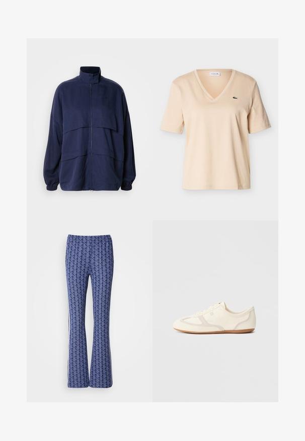 Marineblå jakke lavet af letvægtsstof, med høj krave, lynlås lukning og vandrette sømdetaljer. Elastiske manchetter og kant.; Beige V-hals T-shirt med korte ærmer og lille grønt krokodillelogo på venstre bryst, vist mod en ensfarvet baggrund.; Blå mønstrede bukser med udvidet ben, der har et geometrisk design, elastisk talje og hvide striber på siderne. Glat tekstur hele vejen igennem.; Sneakers i cremefarve med overdel i ruskind og stof, rundet tå og gummisål med beige detaljer. Snørelukning.