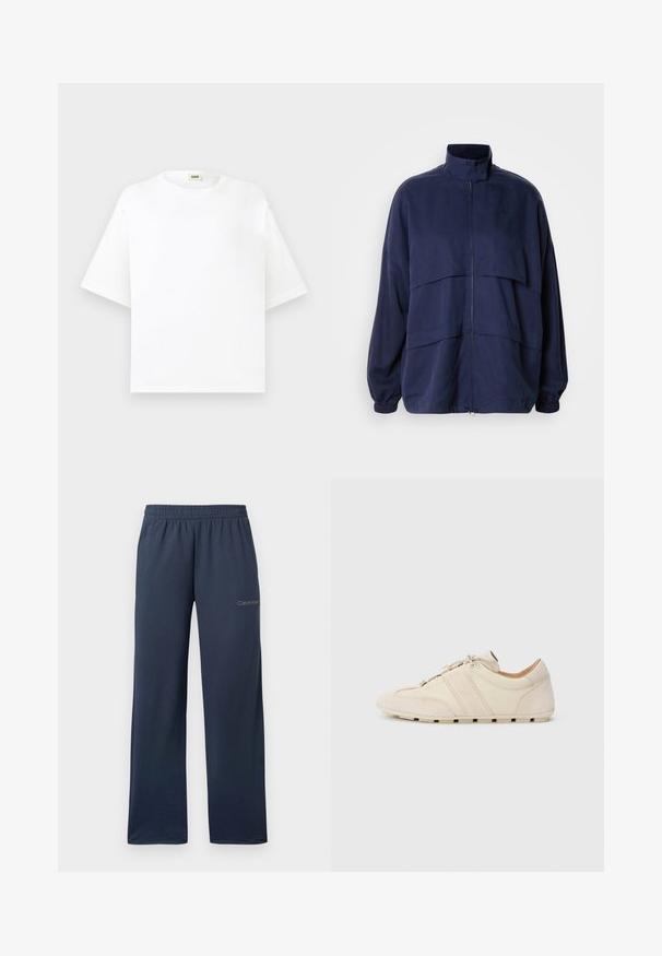 Veste bleu marine en tissu léger, dotée d'un col montant, d'une fermeture éclair et de détails de coutures horizontales. Poignets et ourlet élastiques.; T-shirt blanc en coton à manches courtes, col rond, coupe droite avec une petite étiquette beige au niveau de l'encolure.; Pantalon de jogging large bleu marine avec taille élastique et petit logo Calvin Klein sur la partie supérieure de la cuisse gauche.; Baskets avec une tige en cuir crème et daim, présentant deux bandes horizontales beiges et une semelle en caoutchouc, design à bout arrondi, fermeture à lacets.