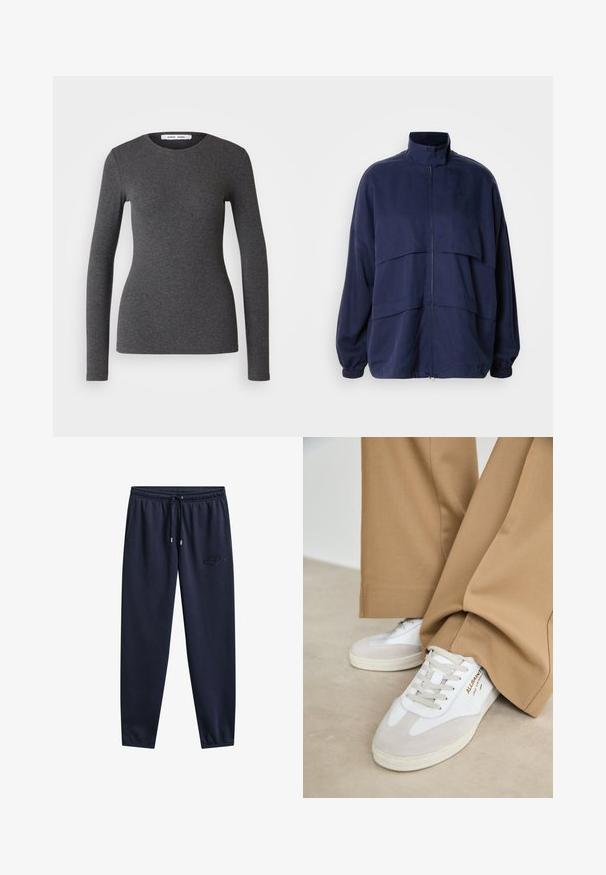 Chaqueta azul marino hecha de tejido ligero, con un alto collar, cierre de cremallera y detalles de costura horizontal. Puños y dobladillo elásticos.; Top de manga larga y cuello redondo en gris oscuro, confeccionado en tejido acanalado con un diseño ajustado, que presenta una textura suave y un detalle mínimo.; Pantalones deportivos azul marino con cintura elástica, cordón, bolsillos laterales, piernas estrechas y un sutil logo bordado en el muslo derecho.; Zapatillas blancas con detalles de ante, cordones texturizados y suela de goma. Combinadas con un pantalón suelto en tono marrón claro. Logo exhibido en el lateral.