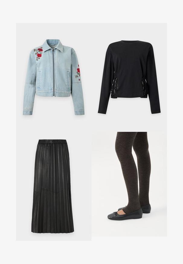 Lyseblå denimjakke med lynlås foran, rød rosebroderi på venstre skulder og højre ærme samt to forlommer.; Sort langærmet top med rund halsudskæring og snøredetaljer på begge sider med blondeindsatser.; Sort plisseret nederdel lavet af syntetisk materiale med elastisk linning og lodrette plisseringer, med en V-formet sømdetalje foran.; Ben iført mørke ribbede leggings kombineret med sorte balletsko med små sløjfedetaljer på hvid baggrund.
