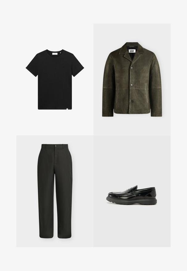 Chaqueta de ante para hombre en verde oscuro con cuello con muesca, tres grandes botones en la parte delantera y dos bolsillos laterales.; Camiseta negra de manga corta, hecha de algodón, con cuello redondo y un pequeño logo bordado en el pecho. Textura suave, ajuste estándar.; Pantalones negros de corte recto con cierre de botón y cremallera y trabillas para cinturón sobre un fondo liso y claro.; Mocasín de cuero negro con un acabado brillante, punta redondeada, detalles de costura sutiles y una suela de goma gruesa para mayor durabilidad.