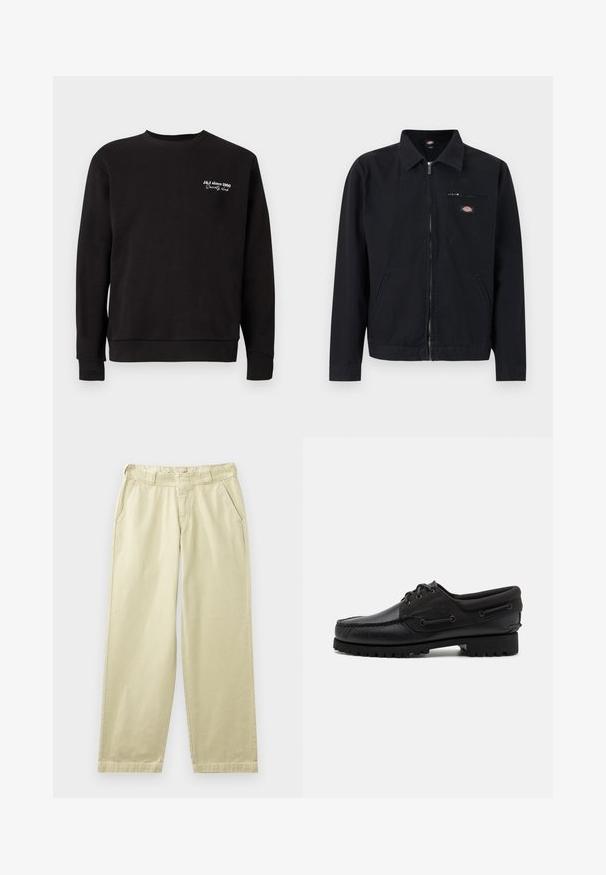 Sort lynlåsfunktion jakke med krave, to sidelommer og en lille lynlåslomme på brystet med en cirkulær logo-patch.; Sort sweatshirt med rund hals, ribbede manchetter og kant. Har hvid broderet tekst, der læser "J&J siden 1990 Society Club."; Beige bomuldsbukser med en afslappet pasform, der har sidelommer, bæltestropper og lige ben. Glat tekstur med minimale syningsdetaljer.; Sort sko med overdel i læder, tekstilaccentuer, runde snørebånd og en tekstureret gummisål. Udstyret med mokkasinsyning og branddetalje.