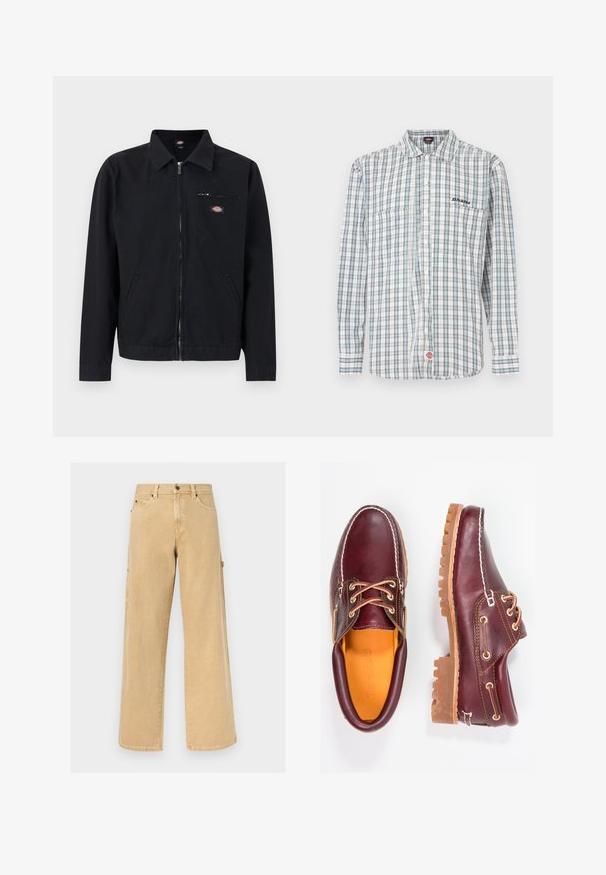 Veste noire zippée avec col, deux poches latérales et une petite poche poitrine zippée avec un patch logo circulaire.; Chemise à carreaux boutonnée en blanc, vert et bleu. Elle comporte des manches longues, un col, deux poches avant et une broderie de logo sur la poitrine.; Pantalon de travail beige à jambes droites avec passants pour ceinture, poches avant et latérales, ainsi qu'une boucle pour marteau sur fond uni.; Chaussures en cuir bourgogne avec semelles en caoutchouc marron, bout rond, couture blanche et œillets dorés. L'intérieur présente une doublure jaune.