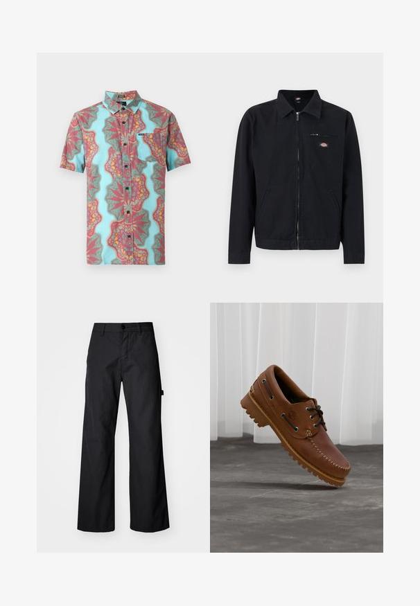 Veste noire zippée avec col, deux poches latérales et une petite poche poitrine zippée avec un patch logo circulaire.; Chemise à manches courtes boutonnée avec col, présentant un motif abstrait coloré en turquoise, rouge, jaune, et une poche poitrine avant avec une petite étiquette.; Pantalons larges noirs en tissu durable. Fermeture à bouton et poches latérales. Texture lisse avec un design épuré.; Chaussure de bateau en cuir marron avec des lacets noirs, des coutures beiges et une semelle robuste, suspendue au-dessus d'un sol en béton gris.