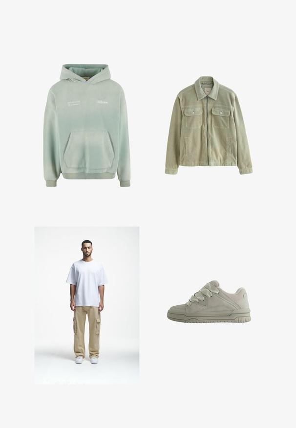 Veste en velours côtelé vert clair avec col, fermeture éclair devant, deux poches poitrine à rabat avec boutons, et deux poches latérales.; Sweat à capuche vert clair avec une poche kangourou, des poignets et un ourlet côtelés. Avec du texte imprimé en blanc à l'avant et une finition douce et texturée.; T-shirt en coton blanc à coupe décontractée, associé à un pantalon cargo beige avec poches latérales et des baskets blanches. Design simple et pratique.; Baskets basses grises avec de larges lacets texturés, col rembourré, panneaux cousus et semelle en caoutchouc rainurée pour une meilleure adhérence.