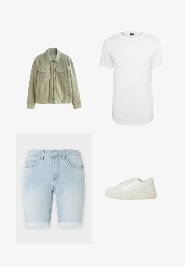 Hellgrüne Cordjacke mit Kragen, Frontreißverschluss, zwei Brustklappentaschen mit Knöpfen und zwei Seitentaschen.; Weißes kurzärmeliges T-Shirt aus Baumwolle mit einem klassischen Rundhalsausschnitt, lockerem Schnitt und ohne sichtbare Muster oder Logos.; Hellblaue Jeansshorts mit umgeschlagenem Saum, klassischem Fünf-Taschen-Design und vorderem Knopfverschluss. Glatte Textur mit leichter Ausbleichung.; Weiße Low-Top-Sneaker aus glattem Leder mit einer strukturierten Gummisohle, die minimale Perforationen und ein sauberes Design aufweisen.