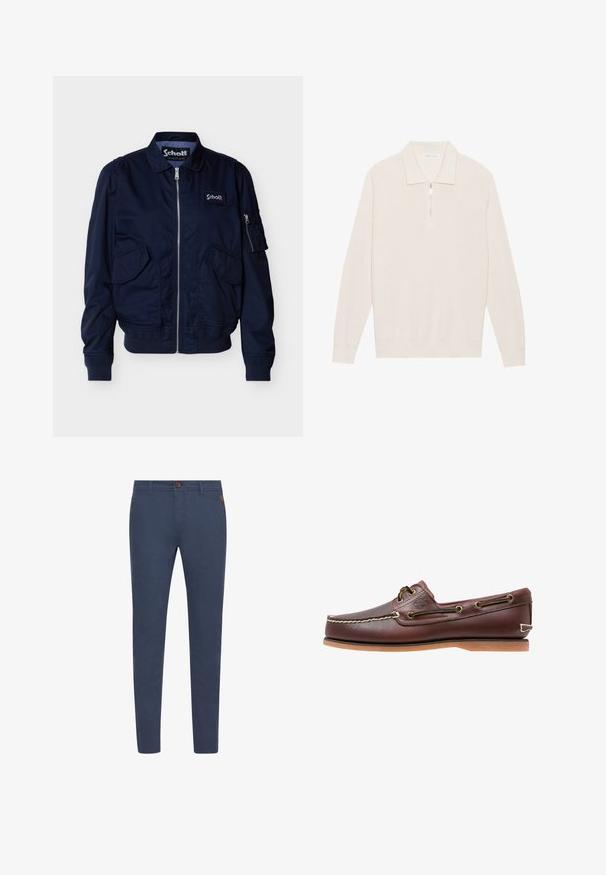 Marineblå lynlåstrøje med klaplommer, ribstrikkede manchetter og kant, en lille lynlåslomme på ærmet og en Schott-logo på brystet.; Quarter-zip pullover i lys beige, lavet af struktureret strikstof. Har en foldet krave samt ribbede manchetter og kant for et tætsiddende look.; Marineblå bomuldsbukser med slim fit, udstyret med en brun knap, forlommer og simpel syning. Glat tekstur, ingen synlige mønstre.; Brun læder bådsko med hvide sømme, snøre detaljer og lysbrun gummisål, vist fra siden på hvid baggrund.