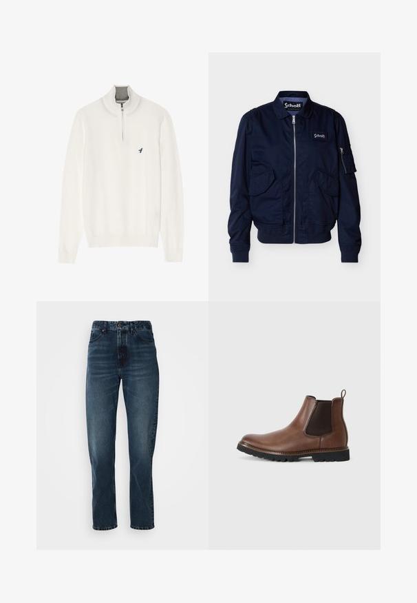 Marineblå lynlåstrøje med klaplommer, ribstrikkede manchetter og kant, en lille lynlåslomme på ærmet og en Schott-logo på brystet.; Hvid strikket sweater med høj krave, der har en kvart lynlås og en lille blå fuglelogo på venstre bryst. Blød tekstur, ribstrikkede manchetter.; Mørkeblå lige bukser med frontknap og lynlås, fem-lomme design og subtil fading på lår og knæ.; Brune læder Chelsea-støvle med elastiske sidepaneler, rund tå og struktureret sort gummisål, der har brune stikninger.