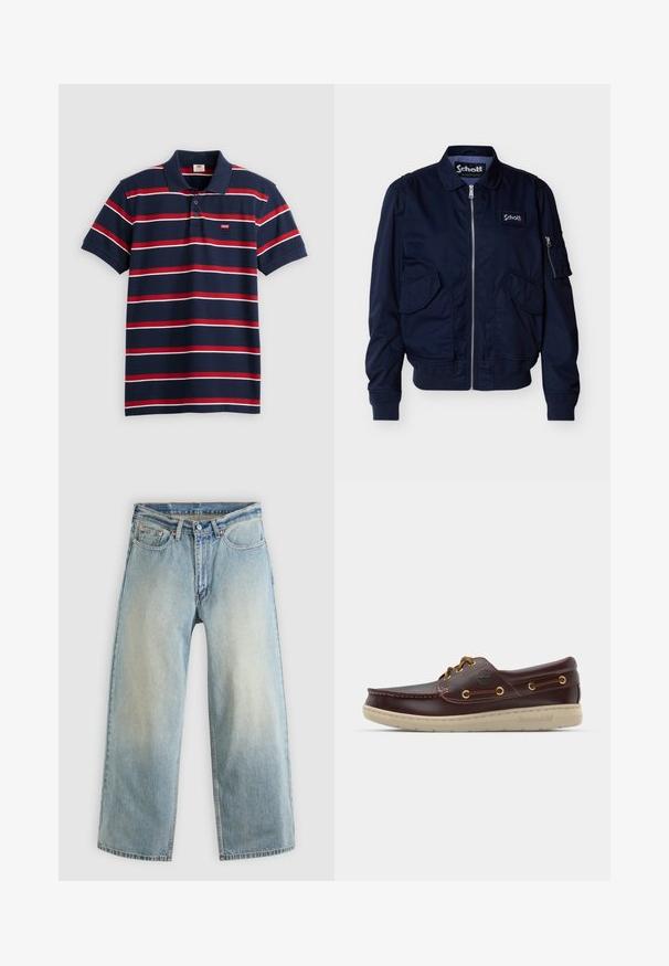 Marineblå lynlåstrøje med klaplommer, ribstrikkede manchetter og kant, en lille lynlåslomme på ærmet og en Schott-logo på brystet.; Marineblå polo-shirt med røde og hvide vandrette striber, tre-knaps placket og lille Levi's logo på brystet. Blødt bomuldsstof.; Lyseblå, vidbenede cowboybukser med en falmet finish. Har et standard fem-lomme-design og lukning med metal knap.; Brun læder bådsko med lav profil, beige gummisål, gyldne øjerne og syede detaljer på overdelen. Timberland-logoet er synligt.