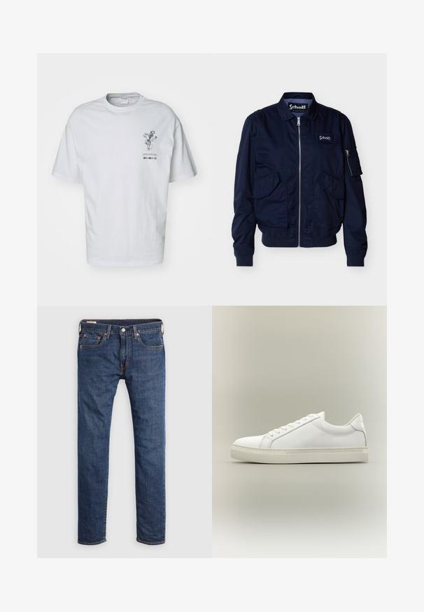 Chaqueta azul marino con cremallera, bolsillos con solapa, puños y dobladillo acanalados, un pequeño bolsillo con cremallera en la manga y un parche con el logotipo de Schott en el pecho.; Camiseta de algodón blanca con mangas cortas, que presenta un gráfico frontal de un diseño floral y detalles de texto debajo de la ilustración.; Pantalones vaqueros de mezclilla azul oscuro con corte de pierna recta. Presentan bolsillos frontales, cierre con botón metálico y costuras en contraste de color amarillo.; Zapatilla blanca de perfil bajo con cordones en la parte delantera y suela gruesa, mostrada de lado sobre un fondo neutro.