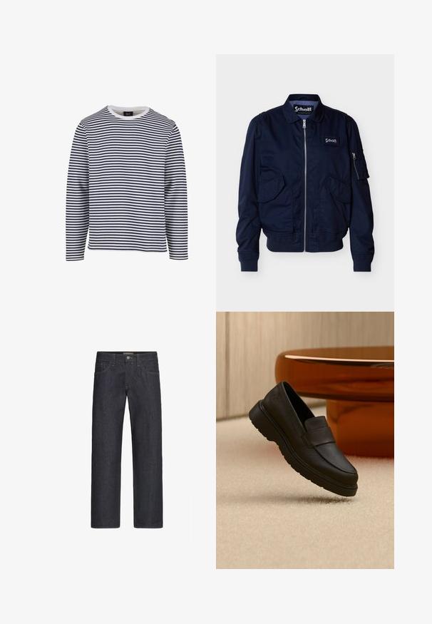 Marineblauw jack met ritssluiting, klepzakken, geribbelde manchetten en zoom, een klein ritszakje op de mouw en een Schott-logo op de borst.; Langarmshirt met marineblauwe en witte horizontale strepen, ronde halslijn, katoenen materiaal en een relaxte pasvorm.; Donkere blauw denim jeans met rechte pijpen, een voorste knoop, ritssluiting, riemlussen en voor- en achterzakken.; Zwarte leren loafer met dikke zool, geplaatst op een licht tapijt voor een gebogen bruine glazen tafel en houten wandpanelen.
