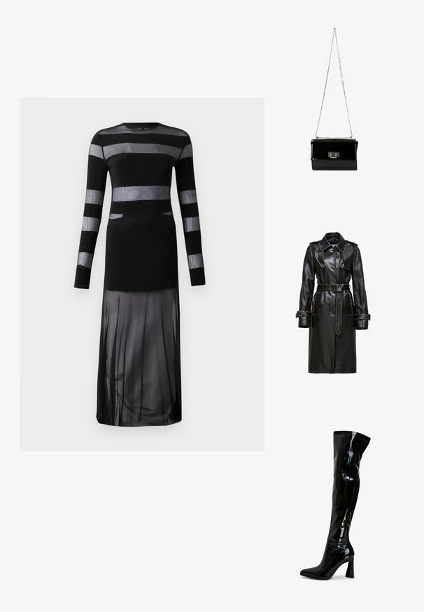 Manteau trench en cuir noir avec une taille ceinturée, design double boutonnage, grand col et coutures contrastées. Comprend des poignets boutonnés et des poches.; Robe noire à manches longues avec des rayures horizontales transparentes, un corsage ajusté et une jupe fluide en voile avec un design fendu. Tissu léger.; Bottes montantes en cuir verni noir, avec un bout pointu, un talon carré et une texture lisse et brillante. Elles ne comportent aucune quincaillerie visible.; Sac à main en cuir verni noir avec une bandoulière en chaîne dorée, de forme rectangulaire, doté d'une fermeture à rabat à l'avant et d'un accent de logo métallique.