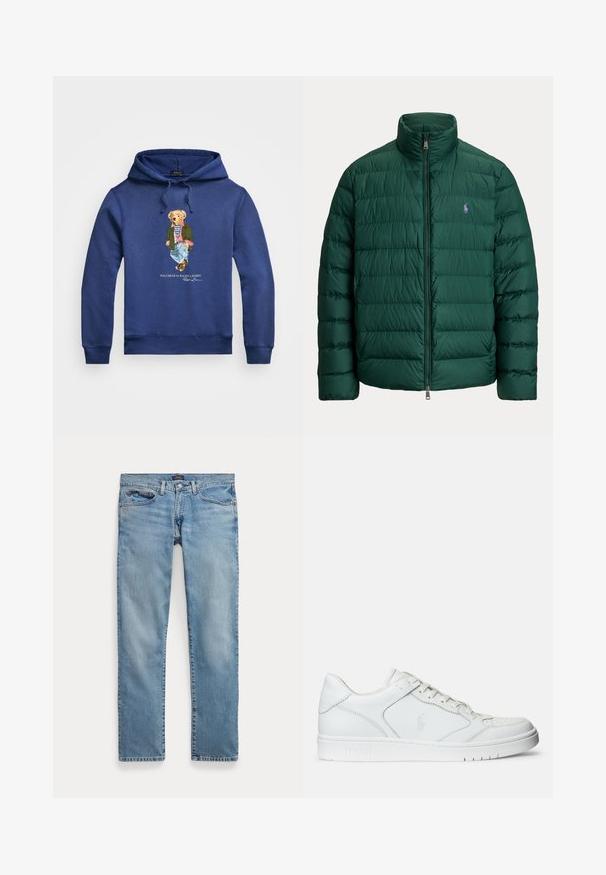 Chaqueta acolchada verde con cuello alto y cierre delantero, con un pequeño logo bordado de jugador de polo morado en el pecho.; Sudadera marina hecha de una mezcla de algodón con un gráfico frontal de un oso en atuendo casual, que incluye chaqueta, vaqueros y zapatos; cuenta con cordones.; Vaqueros de mezclilla azul claro de corte recto con bolsillos delanteros y cierre de botón, colocados planos sobre un fondo blanco.; Zapatilla de cuero blanca con textura suave, que presenta una puntera perforada, cierre de cordones y logo bordado en el lateral. Suela de goma blanca.