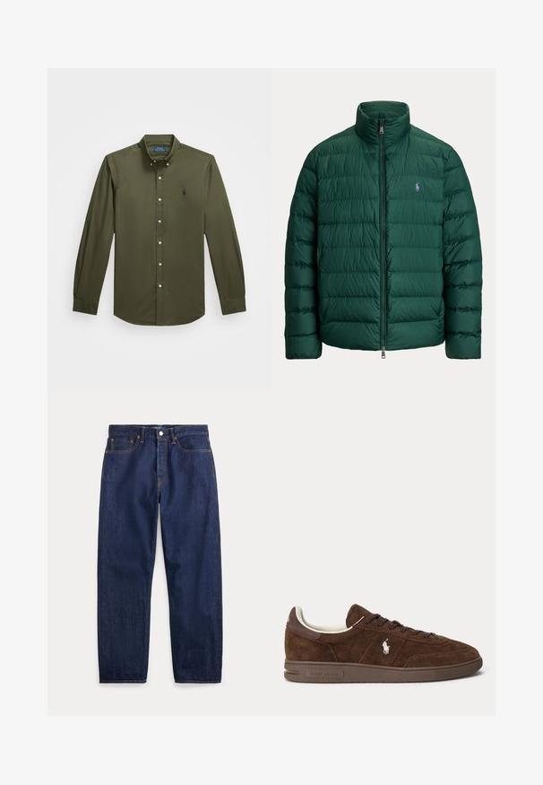 Green quilted puffer jacket with stand collar and front zipper, featuring a small embroidered purple polo player logo on the chest.; Long-sleeve, button-down shirt in olive green cotton. Features a small embroidered logo on the chest, standard collar, and button accents.; Dark blue denim jeans with straight legs, five pockets, button closure, and visible stitching.; Brown suede low-top sneaker with dark brown sole, laces, and white embroidered Polo logo on the side.