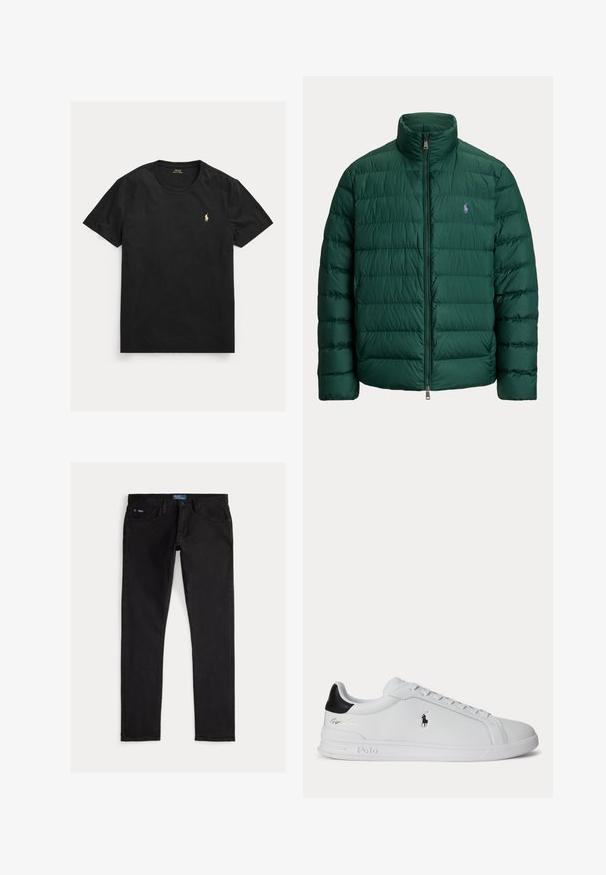 Groene doorgestikte donzen jas met opstaande kraag en ritssluiting aan de voorkant, met een klein geborduurd paars polo-spelerlogo op de borst.; Zwart T-shirt met korte mouwen en ronde hals met klein geel Polo Ralph Lauren-logo op de linkerborst.; Zwarte denim jeans met een slim fit, voorzien van vijf zakken, riemlussen en een blauw merkembleem op de tailleband. Glad, duurzaam materiaal.; Witte lage sneaker met zwarte hieltab, veters en Polo Ralph Lauren-logo aan de zijkant, met gegraveerde zooldetails.