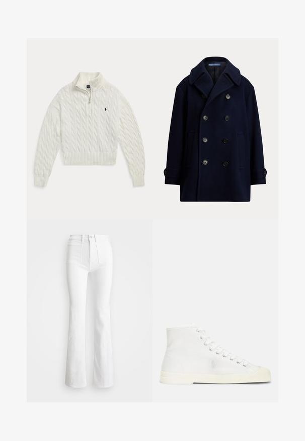 Marineblauer doppeltreihiger Pea Coat mit breiten Revers, schwarzen Knöpfen, Seitentaschen und geknöpften Manschetten aus Wollmischgewebe.; Weißer Strickpullover mit halbem Reißverschluss, Rippen an Kragen, Bündchen und Saum, mit kleinem dunkel gesticktem Pferdelogo auf der Brust.; Weiß ausgeflogene Jeans mit hoher Taille, aus Denim gefertigt. Verfügt über zwei Fronttaschen und ausgefranste Säume am unteren Ende. Sauberes Design ohne sichtbare Beschläge.; Polo Ralph Lauren CANVAS HIGH-TOP SNEAKER - Sneaker high - deckwash white