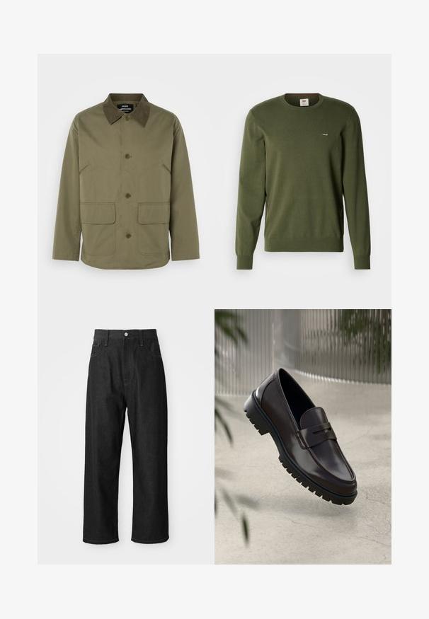Chaqueta verde oliva con un cuello de ante marrón, que cuenta con dos bolsillos de parche en la parte delantera y un cierre de botones, fabricada con un tejido duradero.; Jersey de cuello redondo de manga larga en verde oliva, con puños y dobladillo acanalados, pequeño logo de Levi's en el pecho izquierdo.; Pantalones de mezclilla negros con un corte relajado, cintura alta, cierre de cremallera y diseño de cinco bolsillos. Costuras visibles que realzan el diseño.; Mocasines de cuero marrón con una suela de goma texturizada y estriada. Presentan un diseño elegante y una correa decorativa sobre el empeine.