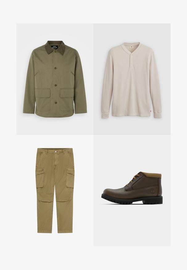 Olijfgroene jas met een bruine suède kraag, voorzien van twee voorzakken en een knoopsluiting aan de voorkant, gemaakt van een duurzame stof.; Lange mouwen henley-shirt in lichtbeige ribbelstof, met een V-hals, een drieknoopsluiting en manchetten. Rode logo-label aan de onderkant.; Khaki cargobroek met knopen- en ritssluiting, voorzien van zijflappzakken en schuin geplaatste voorzakken.; Bruine leren enkellaarzen met een gestructureerde afwerking, tan kleurige stoffen boord, zwarte rubberen zool en bruine veters. Timberland-logo ingedrukt op de zijkant.