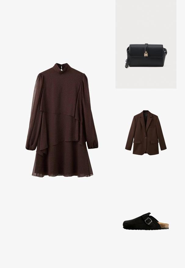 Blazer marron en tissu texturé avec un col cranté, fermeture à un bouton et deux poches avant.; Robe marron foncé à manches longues avec ourlet asymétrique en couches, col montant avec fermeture bouton à découpe en goutte, et motif à petits pois subtil.; Sabot en suède noir avec un bout arrondi, détail de boucle en métal réglable et semelle en liège, doté d'une semelle en caoutchouc texturée.; Sac en cuir noir rectangulaire à porter en bandoulière, avec une bandoulière et un détail de verrou en or sur le rabat avant.
