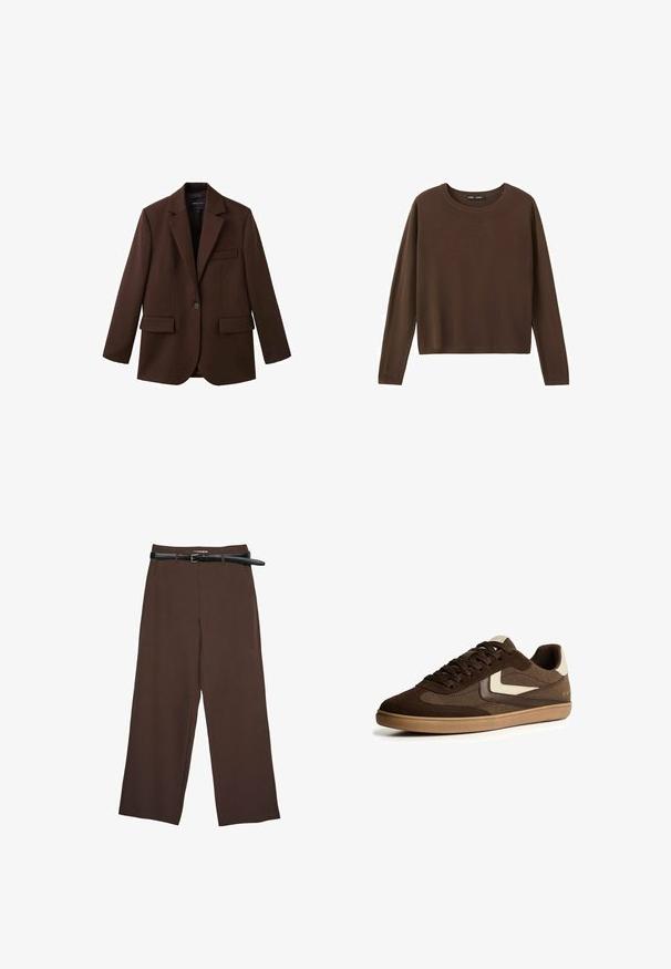 Blazer marron en tissu texturé avec un col cranté, fermeture à un bouton et deux poches avant.; Pull marron à manches longues avec un col rond, un design simple et uni, et un col, des poignets et un ourlet côtelés.; Pantalons larges marron avec une texture lisse, dotés d'une ceinture noire et d'une taille ajustée, offrant une coupe structurée.; Baskets basses en suédine et tissu marron avec des accents beiges, semelle en caoutchouc, fermeture à lacets et design minimaliste sur fond blanc.