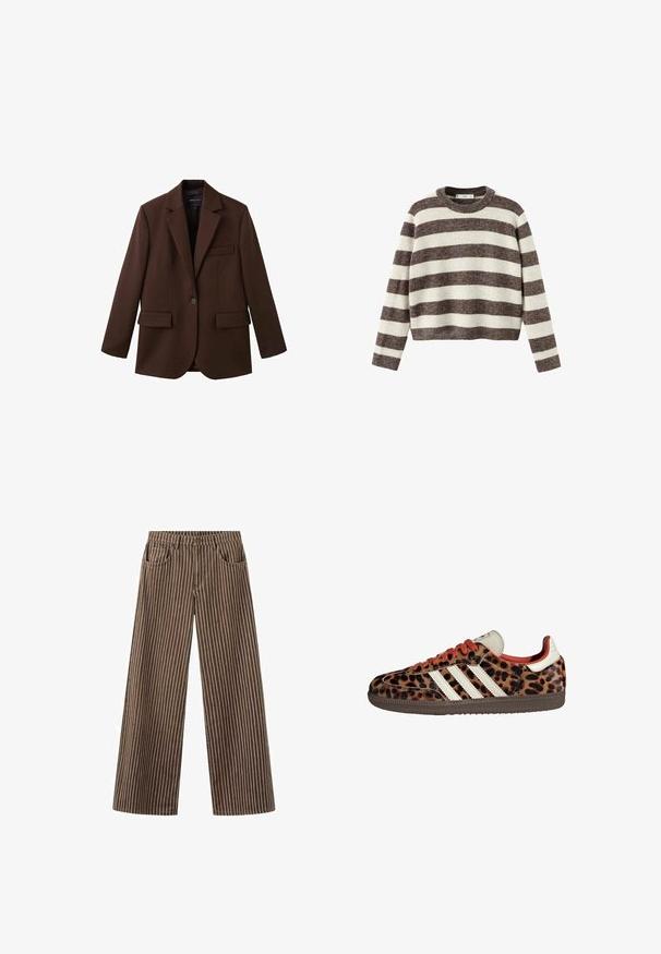 Bruine blazer van textuurstof met een gelapte kraag, enkele knoopsluiting en twee voorzakken.; Gestreepte trui in crème en donkerbruin. Geribbelde ronde hals, lange mouwen en een cropped zoom. Zachte textuur met een ontspannen pasvorm.; Bruine broek met wijde pijpen en witte verticale krijtstrepen, voorzakken, riemlussen en een knoopsluiting in de taille.; Leopardprint sneakers van suède met rode veters en drie witte strepen aan de zijkant. Bevat een crèmekleurige tong en een bruine zool.