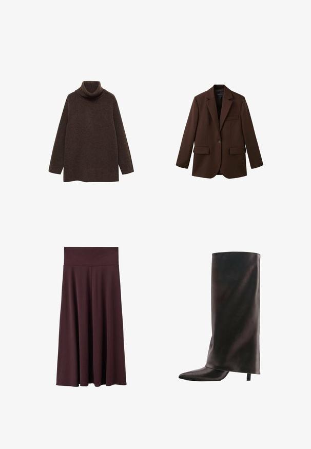 Brun blazer lavet af tekstureret stof med slagkrave, enkelt knaplukning og to frontlommer.; Brun turtle neck sweater lavet af blødt strikstof. Har lange ærmer og en afslappet pasform med høj krave for ekstra varme.; Bordeauxrød midi-nederdel lavet af blødt stof med en bred, elastisk talje. Har et flydende design, der let smalner mod kanten.; Høj sort læderstøvle med spids tå og slank mellemhøj hæl på hvid baggrund.
